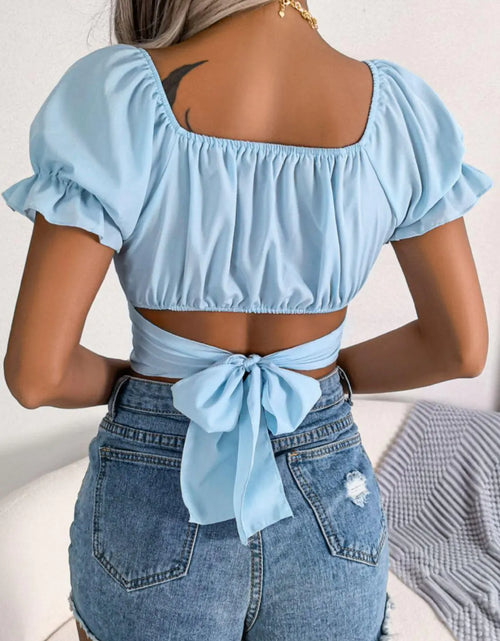 Load image into Gallery viewer, Square Neck Crisscross Flounce Sleeve Cropped Top
